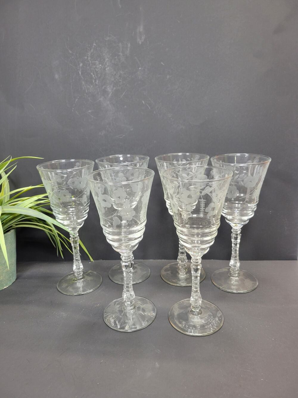 Vintage Rock Sharpe Halifax Etched Floral Wine Glasses Crystal Goblets Set of 6